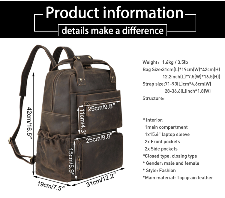 Size of Woosir Men Leather Backpack